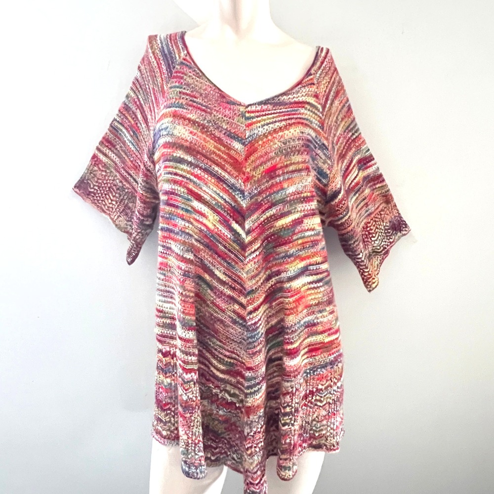 Knit Top XXL Multicolor V Neck Short Sleeve Pullover Boho Retro Rainbow Cozy Y2K